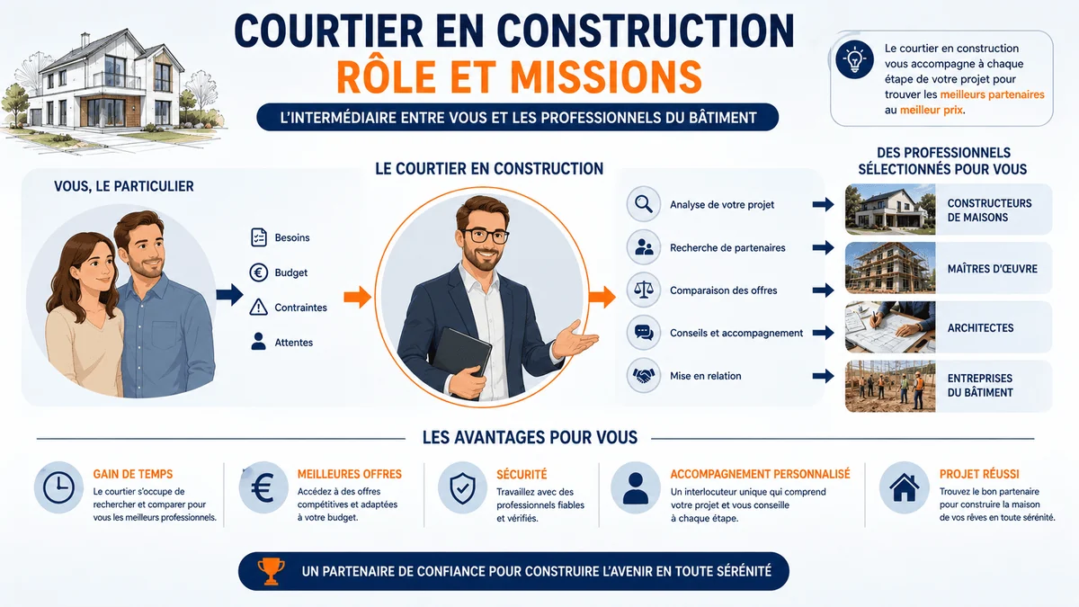 Infographie du rôle et des missions du courtier en construction, intermédiaire entre le particulier et les professionnels du bâtiment